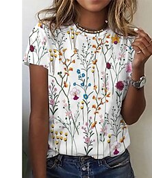 abordables -Camiseta básica para mujer, con estampado de patchwork floral, manga corta, cuello redondo, informal, para uso diario, vacaciones, color blanco