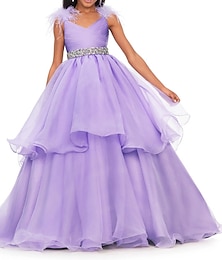 abordables -Princesa Cola de Corte Vestido de Niña Florista Quinceañera Juniors lindo vestido de fiesta Organdí con Plumas / Piel A Capas Ajuste 3-16 años