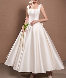 economico -Abiti da Sposa Semplici da Ricevimento Abiti da Sposa A-Line Off Shoulder Manica a Cappuccio Lunghezza Tea Satin Gonne da Sposa con Pieghe Ruched per impressionare Matrimonio d'Autunno