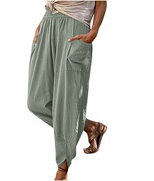 abordables -Pantalones de lino y algodón para mujer con bolsillos laterales, pierna ancha, holgados, informales, para verano y otoño, color blanco, azul claro, tallas 2XL
