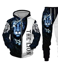 cheap -Men's Tracksuit Full Zip Hoodie Hoodies Set Black White Purple Brown Brown 2 Hooded Graphic Lion Zipper 2 Piece Sports & Outdoor Casual Sports 3D Print Streetwear Designer Basic Spring Fall Clothing