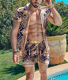 billige -Herre Blomstret 2stk Skjorter sett Hawaii skjorte Kortermet Korte bukser Aftæpning Mote Hawaiisk Fritid utendørs Feriereise Strand Knapp ned Sommer Vår Gul
