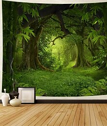 رخيصةأون -نسيج جداري كبير ديكور فني بطانية ستارة مفرش مائدة للنزهة معلق منزلي لغرفة النوم وغرفة المعيشة ديكور للنوم بوليستر غابة خضراء حديثة