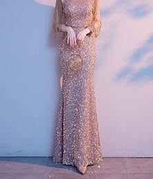 abordables -Robe de soirée en fourreau Élégante Étincelle  Brillance Col bijou petite Longueur au sol Sequins Manches 3/4 avec couleur unie robe pour impressionner