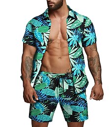 abordables -Homme Fleuri Feuilles Plantes Tropicales 2 pièces Ensembles de chemises Chemise hawaïenne Manche Courte Pantalon court Col Rabattu Tropical Mode Hawaïen Rue Occasionnel Hawaïen Imprimé Été Printemps