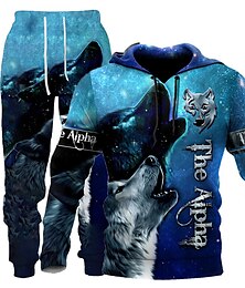 abordables -Hombre Graphic Lobo 2 piezas Conjuntos de sudaderas 3D Chándal Sudaderas Manga Larga Pantalones largos Con Capucha Ropa de calle Design Básico Deporte Casual Deportes Estampado Primavera Otoño Azul