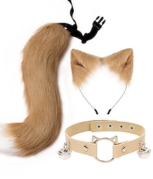 cheap -Cat Ears and Wolf Fox Animal Tail Cosplay Costume Faux Fur Hair Clip Headdress Halloween Leather Neck Chocker Set