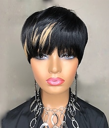 economico -parrucche kabadu pixie cut per donne nere parrucche brasiliane capelli umani con frangia f1b27 parrucche bionde afroamericane parrucche glueless densità 150%