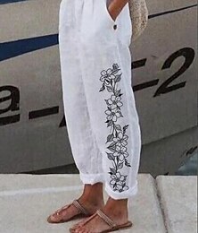 economico -Pantaloni da donna in cotone e lino pantaloni larghi simili al lino vintage casual a lunghezza intera cuore floreale farfalla tasche laterali pantaloni larghi stampa comfort inelastico vacanza