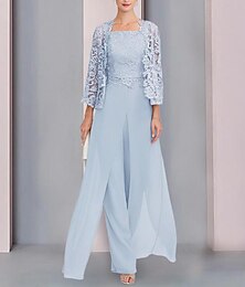 cheap -Jumpsuit / Pantsuit Mother of the Bride Dress Formal Wedding Guest Elegant Wrap Included Square Neck Floor Length Chiffon Lace Sleeveless Wrap Included with Appliques 2024