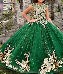 cheap -Princess Floor Length Flower Girl Dress Quinceanera Girls Cute Prom Dress Satin with Appliques Sparkle & Shine Elegant Fit 3-16 Years