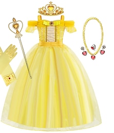 cheap -Sleeping Beauty Beauty and the Beast Fairytale Princess Belle Flower Girl Dress Theme Party Costume Tulle Dresses Girls' Movie Cosplay Halloween Yellow With Accessories Dress World Book Day Costumes