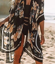 abordables -Femme Vêtement couvrant robe de plage Vêtements de plage Robe mi-longue Imprimer basique Casual Floral Ouvrir le devant Demi Manches Ample Extérieur du quotidien Noir bleu marine 2023 Printemps Eté