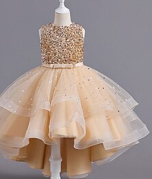Χαμηλού Κόστους -παιδικό κοριτσίστικο φόρεμα παγιέτα τούλι φόρεμα midi φόρεμα performance πούλιες πλήρωμα λαιμόκοψη αμάνικο κομψό φόρεμα 3-13 ετών καλοκαιρινό χρυσό