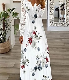 cheap -Women's A Line Dress Print Dress Floral Pure Color Print Contrast Lace V Neck Maxi long Dress Fashion Modern Outdoor Daily Long Sleeve Regular Fit White Pink Red Summer Spring S M L XL XXL