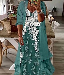 preiswerte -Damen-Kleid in Übergröße, kurvenreich, Freizeitkleid, Set, zweiteilig, Blumenmuster, langes Kleid, Maxikleid, 3/4-Ärmel, Aufdruck, V-Ausschnitt, modisch, täglich, rosa, blau, Frühling, Sommer, L, XL,