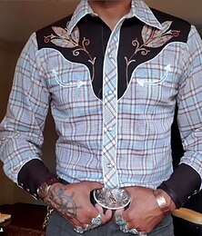 billiga -Herr Rutig Grafiska tryck Skjorta Västerländsk skjorta Cowboyskjorta Långärmad Mode Designer Ledigt Utomhus Dagligen Höst vinter Nedvikt Mönster Button-Down Blå Purpur Grön Kaki