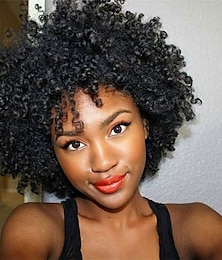 baratos -Peruca afro encaracolada curta com franja perucas encaracoladas afro kinky para mulheres negras sem cola peruca cheia sintética resistente ao calor perucas de substituição encaracoladas macias