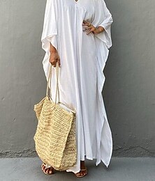 abordables -Robes de plage femme couvrant Vêtements de plage Maxi robe longue Fendue Basique Décontractée Simple Col en V à manches 3/4 Coupe ample Quotidien Vacances Blanche Rouge Été Printemps Taille unique
