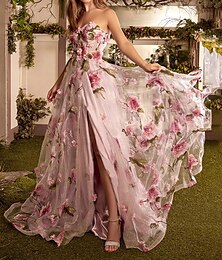 cheap -A-Line Prom Dresses Floral Dress Wedding Guest Wedding Party Court Train Sleeveless Strapless Organza with Slit Appliques 2024