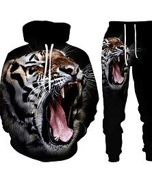 abordables -Hombre Graphic Tigre 2 piezas Conjuntos de sudaderas 3D Chándal Sudaderas Manga Larga Pantalones largos Con Capucha Ropa de calle Design Básico Deporte Casual Deportes Estampado Primavera Otoño Negro