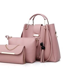 cheap -Women's Handbag Crossbody Bag Bag Set Bucket Bag PU Leather 3 Pieces Outdoor Office Valentine's Day Tassel Zipper Chain Large Capacity Solid Color Black Pink Red