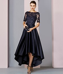 preiswerte -A-Linie Mutter der Braut Kleid Hochzeitsgast Elegantes Hoch-Tief Rundhalsausschnitt Asymmetrisch Teelänge Satin Spitze Kurzarm mit Schleife(n) Rüschen Applikationen Maßanfertigung kostenlos.