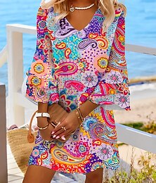 cheap -Women's Casual Dress Ethnic Dress Shift Dress Mini Dress Rainbow 3/4 Length Sleeve Leaf Ruffle Summer Spring V Neck Fashion 2023 3XL