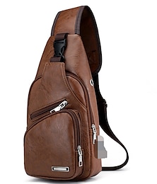 זול -תיק crossbody מעור חום עם כיסי רוכסן מרובים לגברים
