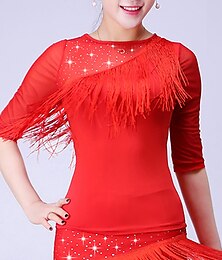 abordables -baile latino baile de salón top con flecos y diamantes de imitación borla fruncido mujer entrenamiento de rendimiento media manga poliéster