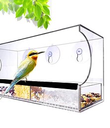 voordelige -vogelvoederraam met sterke zuignappen - transparant acryl vogelvoederhuis met dak en afvoergaten voor raam buiten 30x10x13 cm