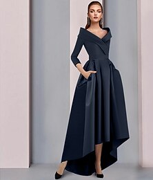 preiswerte -A-Linien Mutter der Braut Kleid Smoking Kleid Hochzeitsgast Elegant Hoch-Niedrig Süß Spaghetti-Träger Asymmetrisch Tee Länge Satin 3/4 Länge Ärmel mit Falten kostenlose Maßanfertigung