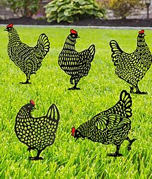 abordables -Estacas de animales de gallo, arte de patio de silueta de jardín familiar de pollo, decoración de forma de animal hueca para patio trasero de césped al aire libre