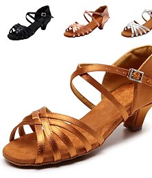 cheap -Women's Latin Shoes Salsa Shoes Performance Party Practice Heel Thick Heel Buckle Cross Strap Dark Brown Black White