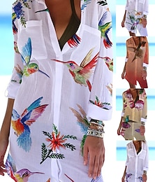 cheap -Women's Shirt Dress Cover Up Beach Wear Mini Dress Pocket Print Fashion Casual Floral Turndown 3/4 Length Sleeve Loose Fit Outdoor Daily White Yellow 2023 Summer Spring S M L XL