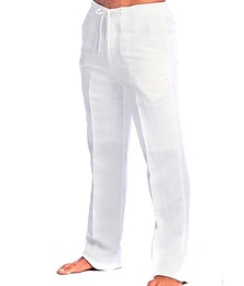 cheap -Men's Linen Pants Trousers Summer Pants Beach Pants Drawstring Elastic Waist Plain Comfort Breathable Outdoor Daily Streetwear Linen / Cotton Blend Stylish Casual White Navy Blue Micro-elastic