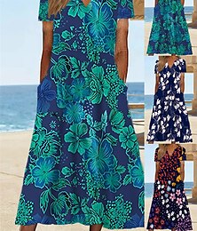 Χαμηλού Κόστους -Γυναικεία Φόρεμα ριχτό Φόρεμα για τον ήλιο Φλοράλ Τσέπη Στάμπα Λαιμόκοψη V Μίντι φόρεμα Ενεργό Μοντέρνα ΕΞΩΤΕΡΙΚΟΥ ΧΩΡΟΥ Ημερομηνία Κοντομάνικο Κανονικό Ρουμπίνι Βαθυγάλαζο Πράσινο του τριφυλλιού