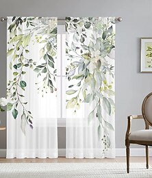 voordelige -groene eucalyptusbladeren pure gordijnen staafzakgordijnen voor woonkamer slaapkamer, chiffon boerderijgordijn voor keuken balkondeur raambehandelingen kamerverduistering