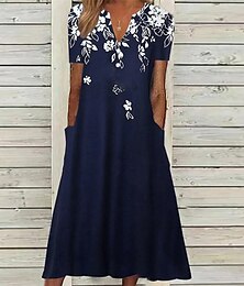 ieftine -Rochie midi pentru femei Rochie casual Albastru marin Mâneci pe jumătate Floral Cu buzunare Vară Primăvară Toamnă Decolteu în V Vacanță Zilnic Vacanță 2023 S M L XL XXL 3XL