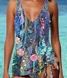 preiswerte -Damen Badeanzug Tankini 2 Stück Normal Bademode 2 teilig Print Blumen Strandbekleidung Sommer Badeanzüge