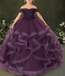cheap -Ball Gown Sweep / Brush Train Flower Girl Dress Quinceanera Girls Cute Prom Dress Tulle with Beading Open Back Tiered Fit 3-16 Years