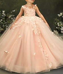 cheap -Ball Gown Sweep / Brush Train Flower Girl Dress First Communion Girls Cute Prom Dress Satin with Appliques Mini Bridal Fit 3-16 Years