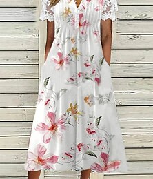 preiswerte -Damen Spitzenkleid Sommerkleid Kleid drucken Blumen Spitze Gefaltet V Ausschnitt Midikleid Verabredung Kurzarm Sommer Frühling