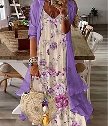 cheap -Women's Two Piece Dress Set Print Dress Daily Vacation Casual Print Maxi Dress V Neck 3/4 Length Sleeve Floral Loose Fit White Purple Green Summer Spring S M L XL XXL