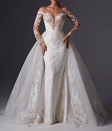 cheap -Engagement Formal Wedding Dresses Mermaid / Trumpet Off Shoulder Long Sleeve Court Train Satin Bridal Gowns With Appliques Solid Color 2024