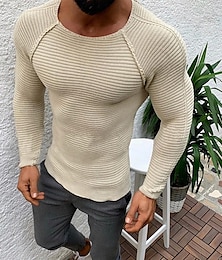 cheap -Men's Sweater Pullover Sweater Jumper Ribbed Knit Cropped Knitted Crewneck Going out Casual Daily Clothing Apparel Spring &  Fall Black Beige S M L