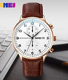 billige -skmei casual stopur quartz ure herre top mærke luksus ægte læderrem vandtæt date armbåndsur