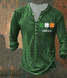 preiswerte -St. Patrick's Day Herren-Henley-Shirt, T-Shirt mit Grafik, vierblättriges Kleeblatt, St. Patrick's Day. Patrick's Day Henley-Kleidung, 3D-Druck, Outdoor, lässig, lange Ärmel, Button-Down-Druck,
