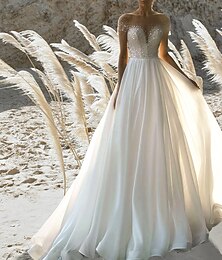 cheap -Beach Wedding Beach Formal Wedding Dresses A-Line Off Shoulder Short Sleeve Court Train Chiffon Bridal Gowns With Pleats Beading 2025
