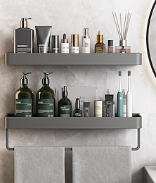 abordables -carrito de ducha estantes de baño pistola montada en la pared organizador de almacenamiento gris estante de baño cocina accesorios de baño colgante espacio en el estante del baño estante de ducha de